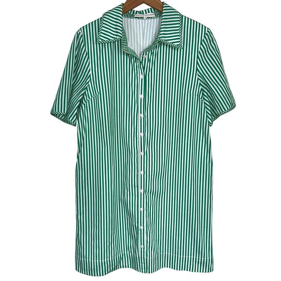 English Factory Green Striped Binded Wide Sleeve Mini Shirt Dress Size Medium - Picture 2 of 14
